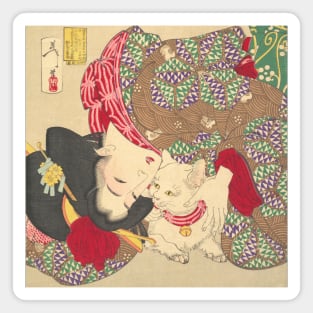 Teasing the cat. Beautiful Japanese woman with cat print Magnet